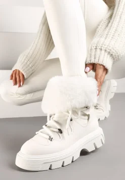 Białe Śniegowce na Platformie z Tłoczeniem Futerkiem i Sznurowaniem Torista