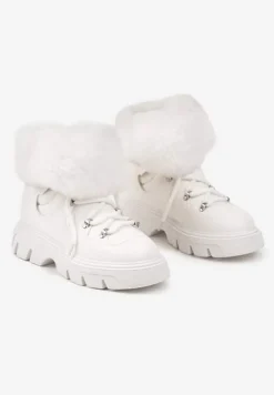 Białe Śniegowce na Platformie z Tłoczeniem Futerkiem i Sznurowaniem Torista