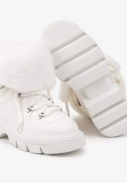 Białe Śniegowce na Platformie z Tłoczeniem Futerkiem i Sznurowaniem Torista