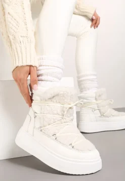 Białe Śniegowce Vices na Platformie ze Sznurowaniem i Futerkiem Nomicea