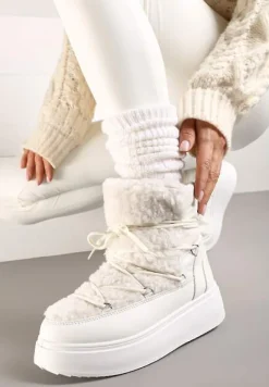 Białe Śniegowce Vices na Platformie ze Sznurowaniem i Futerkiem Nomicea