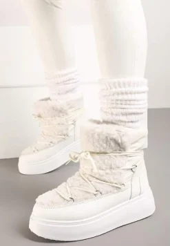 Białe Śniegowce Vices na Platformie ze Sznurowaniem i Futerkiem Nomicea
