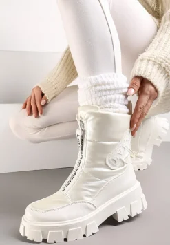 Białe Śniegowce z Ekoskóry z Ozdobnym Suwakiem i Napisem Veneria