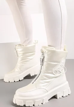 Białe Śniegowce z Ekoskóry z Ozdobnym Suwakiem i Napisem Veneria