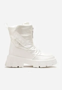 Białe Śniegowce z Ekoskóry z Ozdobnym Suwakiem i Napisem Veneria