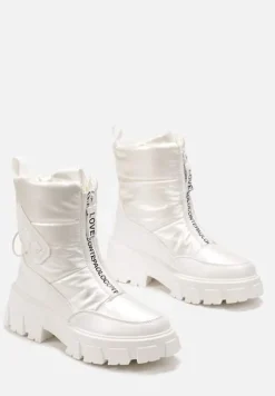 Białe Śniegowce z Ekoskóry z Ozdobnym Suwakiem i Napisem Veneria