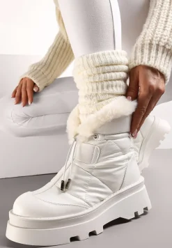 Białe Śniegowce z Futerkiem na Grubej Podeszwie ze Ściągaczem Azelma