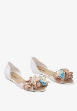 Białe Otwarte Balerinki z Aplikacją z Kwiatami Anlofi