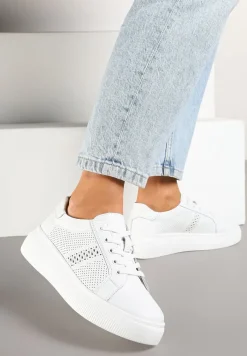 Białe Płaskie Ażurowe Sneakersy ze Skóry Naturalnej i Skórzaną Wkładką Lavili