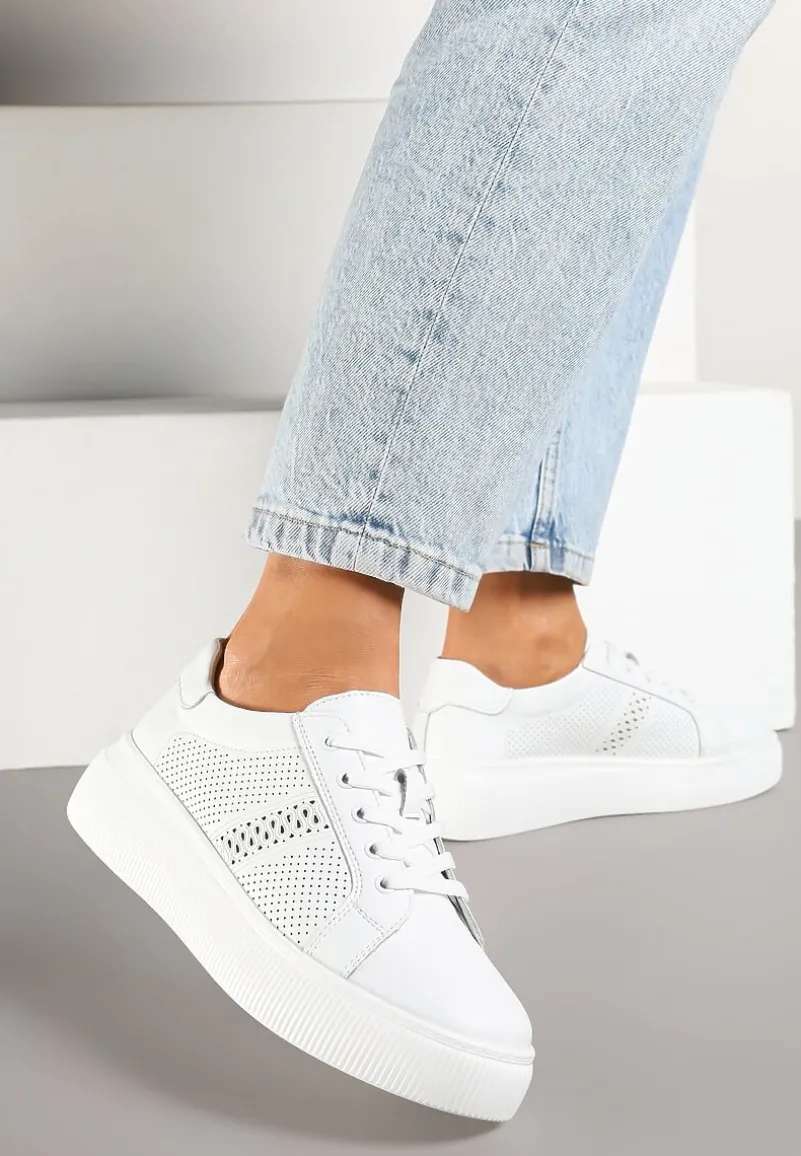 Białe Płaskie Ażurowe Sneakersy ze Skóry Naturalnej i Skórzaną Wkładką Lavili