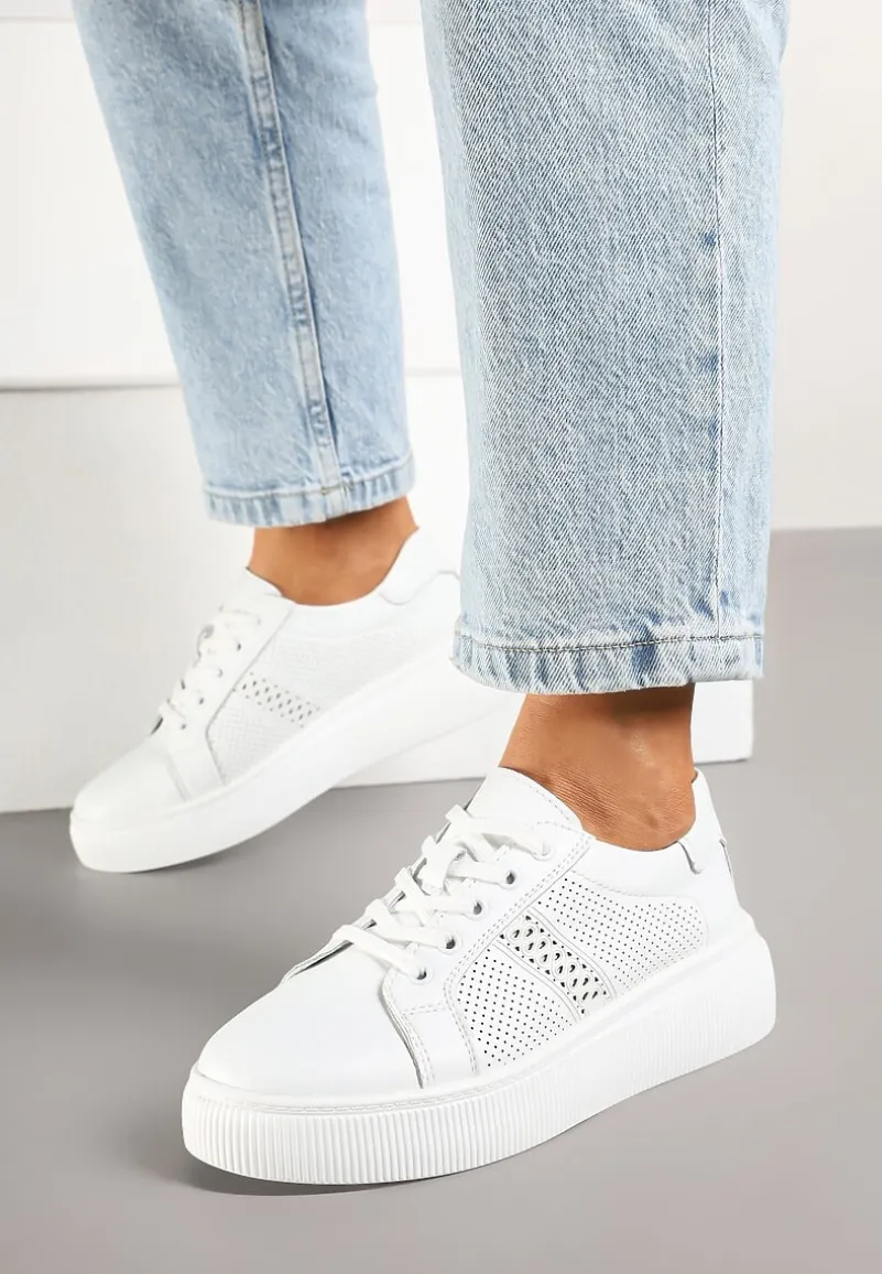 Białe Płaskie Ażurowe Sneakersy ze Skóry Naturalnej i Skórzaną Wkładką Lavili