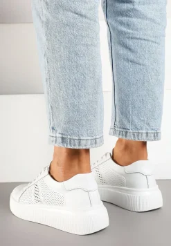 Białe Płaskie Ażurowe Sneakersy ze Skóry Naturalnej i Skórzaną Wkładką Lavili