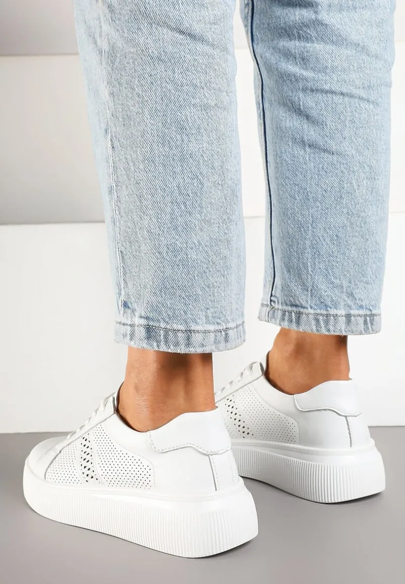 Białe Płaskie Ażurowe Sneakersy ze Skóry Naturalnej i Skórzaną Wkładką Lavili