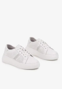 Białe Płaskie Ażurowe Sneakersy ze Skóry Naturalnej i Skórzaną Wkładką Lavili