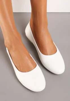 Białe Płaskie Balerinki z Imitacji Skóry Wsuwane z Okrągłym Noskiem Jemenna
