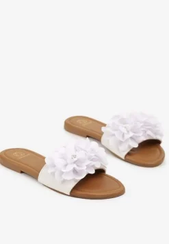 Białe Płaskie Klapki Ozdobione Kwiatową Aplikacją Wessaria