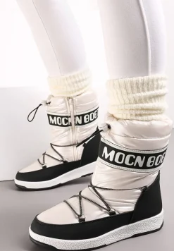 Białe Płaskie Śniegowce Mocno Ocieplone ze Sztucznym Futerkiem Ozdobione Taśmą i Napisem oraz Troczkiem Arenu