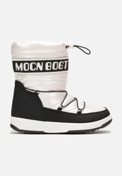 Białe Płaskie Śniegowce Mocno Ocieplone ze Sztucznym Futerkiem Ozdobione Taśmą i Napisem oraz Troczkiem Arenu