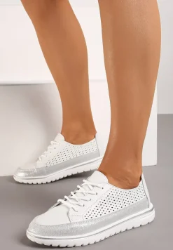 Białe Płaskie Sznurowane Półbuty ze Skóry z Brokatem i Ażurowym Wzorem Wombia