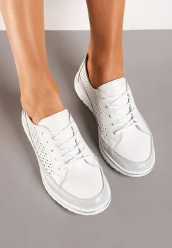 Białe Płaskie Sznurowane Półbuty ze Skóry z Brokatem i Ażurowym Wzorem Wombia