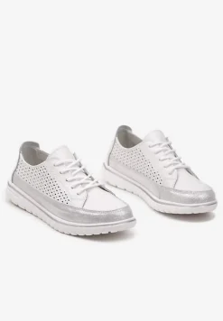 Białe Płaskie Sznurowane Półbuty ze Skóry z Brokatem i Ażurowym Wzorem Wombia