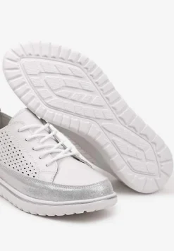 Białe Płaskie Sznurowane Półbuty ze Skóry z Brokatem i Ażurowym Wzorem Wombia