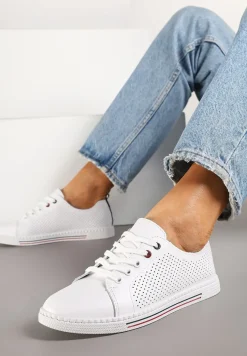 Białe Płaskie Tenisówki ze Skóry Naturalnej z Perforacją i Skórzaną Wkładką Aliwa