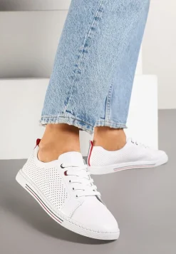 Białe Płaskie Tenisówki ze Skóry Naturalnej z Perforacją i Skórzaną Wkładką Aliwa
