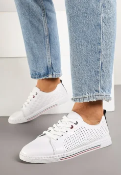 Białe Płaskie Tenisówki ze Skóry Naturalnej z Perforacją i Skórzaną Wkładką Aliwa
