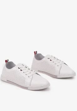 Białe Płaskie Tenisówki ze Skóry Naturalnej z Perforacją i Skórzaną Wkładką Aliwa