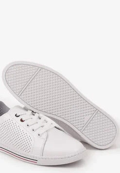 Białe Płaskie Tenisówki ze Skóry Naturalnej z Perforacją i Skórzaną Wkładką Aliwa
