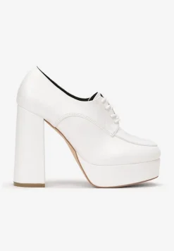 Białe Półbuty na Słupkowym Obcasie z Wiązaniem i Okrągłym Noskiem Adocia