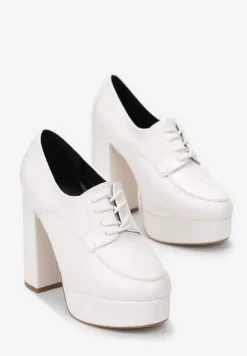 Białe Półbuty na Słupkowym Obcasie z Wiązaniem i Okrągłym Noskiem Adocia