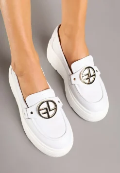 Białe Półbuty w Stylu Mokasynów ze Skórzaną Wkładką i Ozdobą Resora