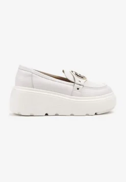 Białe Półbuty w Stylu Mokasynów ze Skórzaną Wkładką i Ozdobą Resora