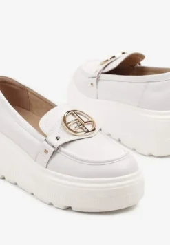 Białe Półbuty w Stylu Mokasynów ze Skórzaną Wkładką i Ozdobą Resora