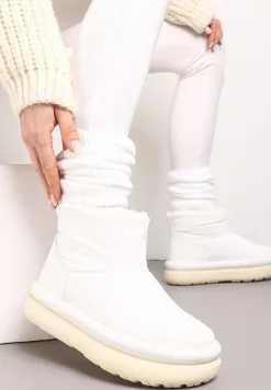 Białe Połyskujące Śniegowce na Płaskiej Podeszwie Ocieplone Futerkiem Brivida