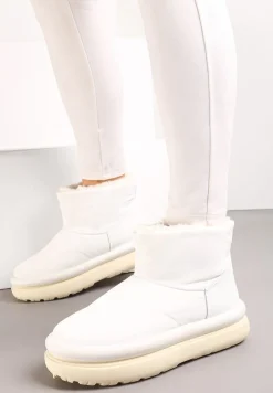 Białe Połyskujące Śniegowce na Płaskiej Podeszwie Ocieplone Futerkiem Brivida