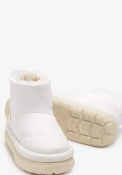 Białe Połyskujące Śniegowce na Płaskiej Podeszwie Ocieplone Futerkiem Brivida