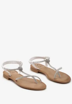 Białe Sandały Japonki na Płaskiej Podeszwie z Cyrkoniami na PaseczkachTessama