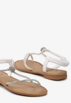 Białe Sandały Japonki na Płaskiej Podeszwie z Cyrkoniami na PaseczkachTessama