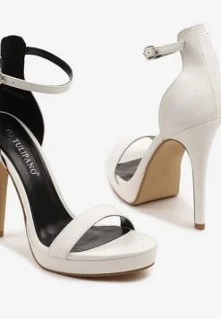 Białe Sandały na Szpilce i Platformie z Paskiem Wokół Kostki Napelle