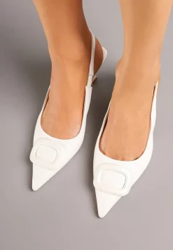 Białe Sandały na Szpilce Kaczuszce Slingback z Geometryczną Aplikacją Melanoriel