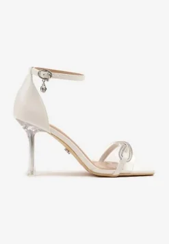 Białe Sandały na Szpilce Vices z Cyrkoniami i Przezroczystą Cholewką Edivinia