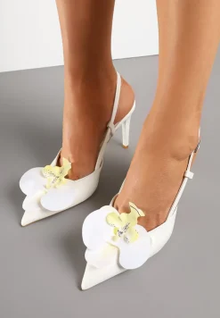 Białe Sandały na Szpilce Vices Slingback z Kwiatem 3D Koviano
