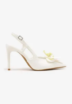 Białe Sandały na Szpilce Vices Slingback z Kwiatem 3D Koviano