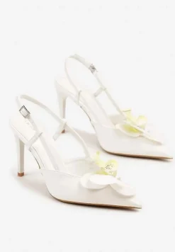 Białe Sandały na Szpilce Vices Slingback z Kwiatem 3D Koviano