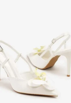 Białe Sandały na Szpilce Vices Slingback z Kwiatem 3D Koviano
