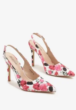 Białe Sandały na Szpilce z Odkrytą Piętą w Kwiatowy Print Negloria