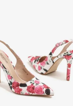Białe Sandały na Szpilce z Odkrytą Piętą w Kwiatowy Print Negloria